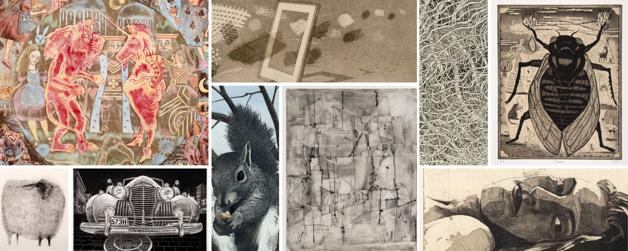 Collage of nine different works of art from the GVSU Art Museum collection that represent the printing technique of etching.